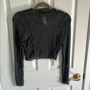 Gray Ribbed Sheer Long Sleeve Crop Top